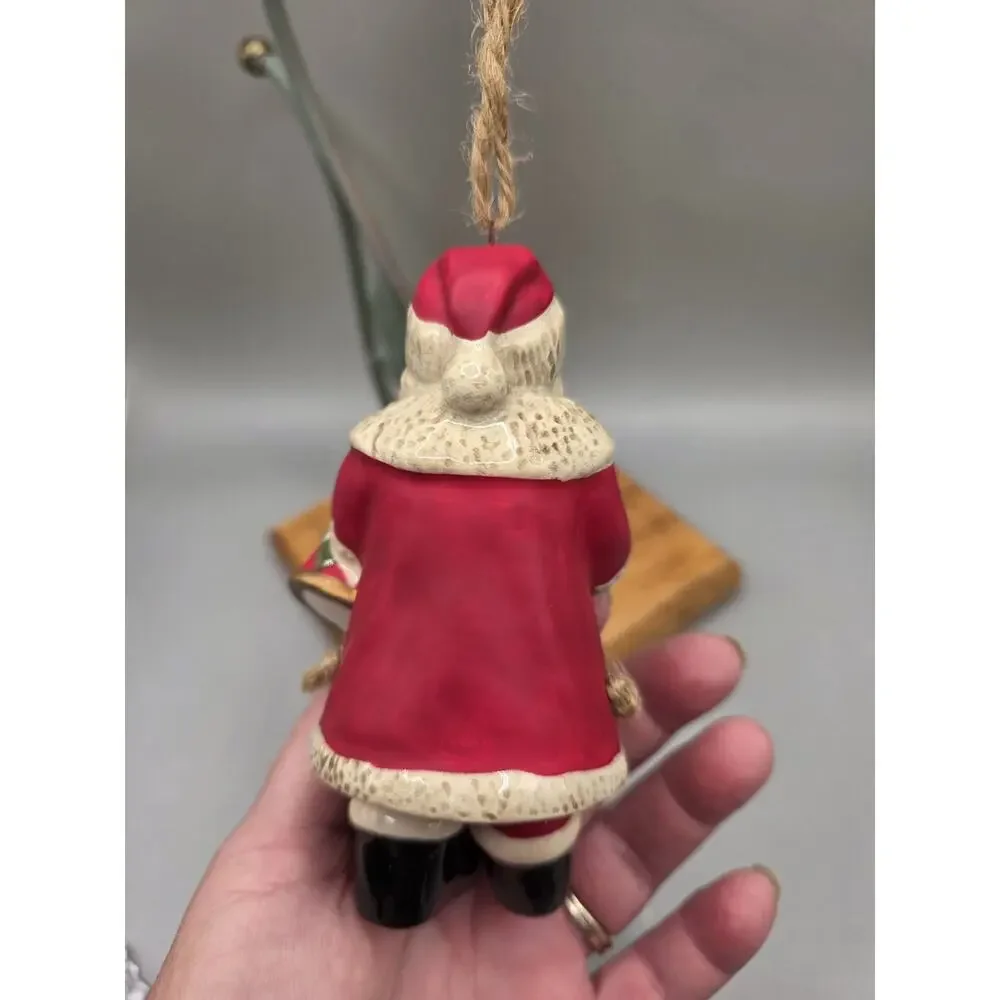 Vintage Hand Painted Porcelain Santa Ornament Traditional Red Gold Trim Vtg